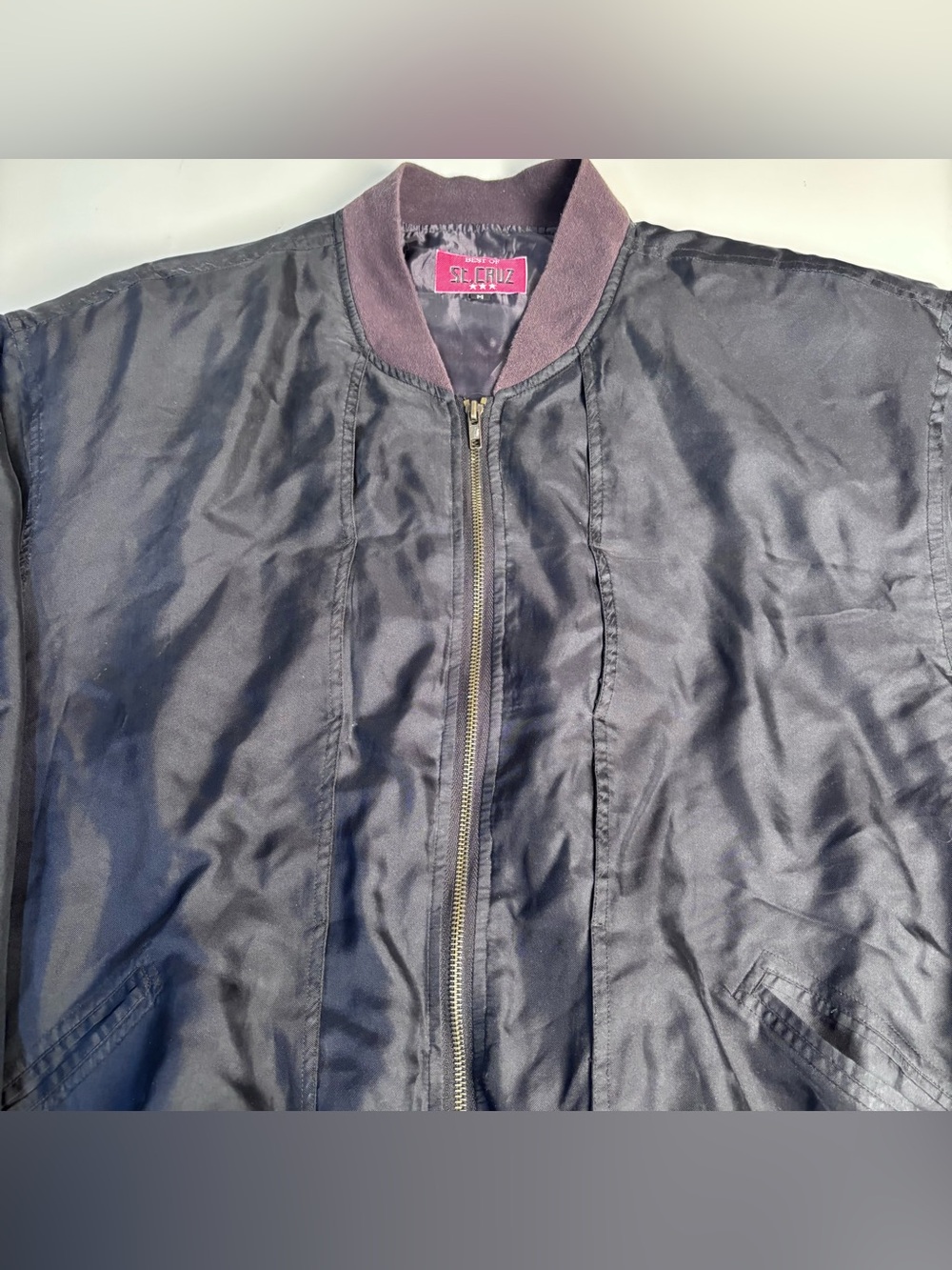 Vintage 100% Silk St. Cruz Bomber Jacket in Deep Navy